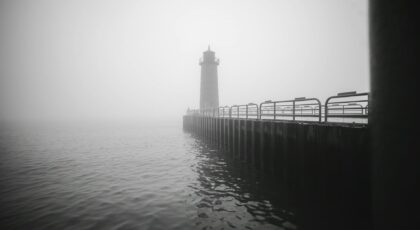 Black and white photo of a lighthouse on a foggy day, dramatic atmosphere.