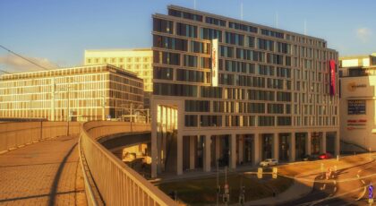 Modern hotel building exterior in Stuttgart, Germany, during daytime. Urban architecture and design.