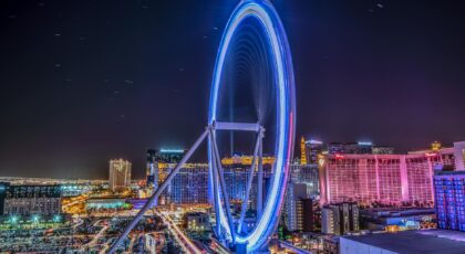 Stunning view of the Las Vegas skyline featuring an illuminated Ferris wheel at night.