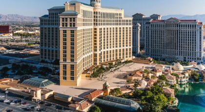 Stunning aerial view of the Bellagio Hotel and surrounding area on the Las Vegas Strip.