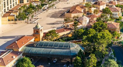 A detailed aerial view of the iconic Bellagio Hotel complex in Las Vegas.