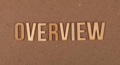 High-resolution image of wooden letters spelling 'OVERVIEW' on a brown background.
