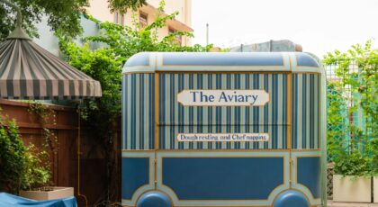 Chic vintage-style food cart at Narendra Bhawan's courtyard in Bikaner, Rajasthan.